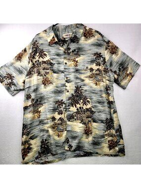CAMPIA Moda Mens Hawaiian Button Up Shirt XXL Gray Palm Tree Resort Vacation